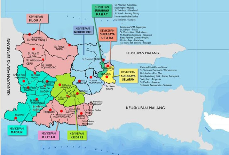 Map of the Diocese of Surabaya showing eight vicariates: West, North, and South Surabaya, Kediri, Mojokerto, Madiun, Blitar, and Blora
